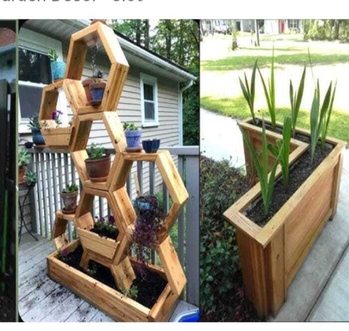 Geometric wooden tiered plant shelf outdoors on a patio