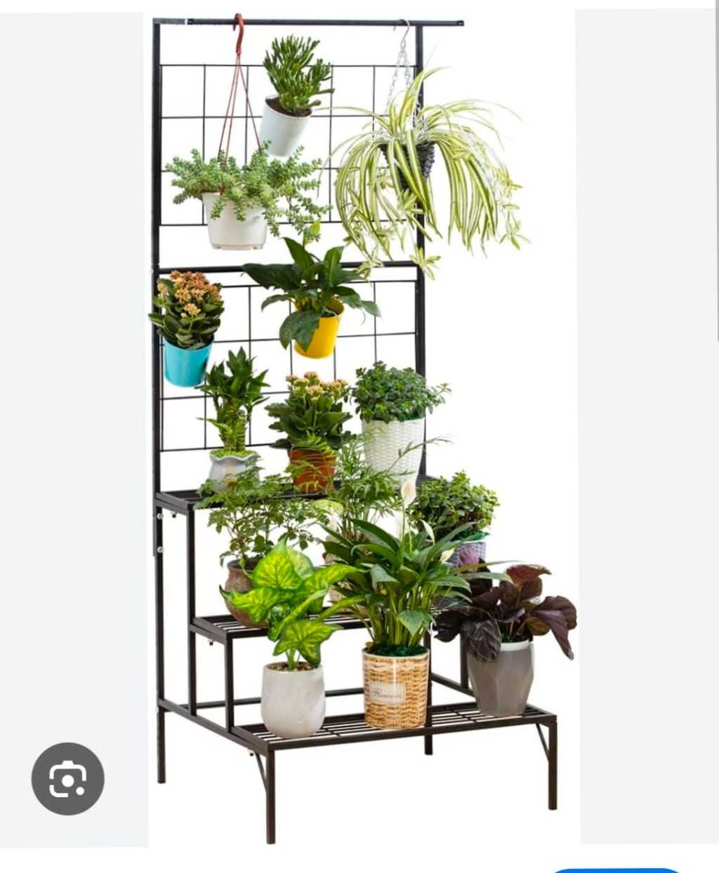 Dark metal tiered planter stand with hanging plants