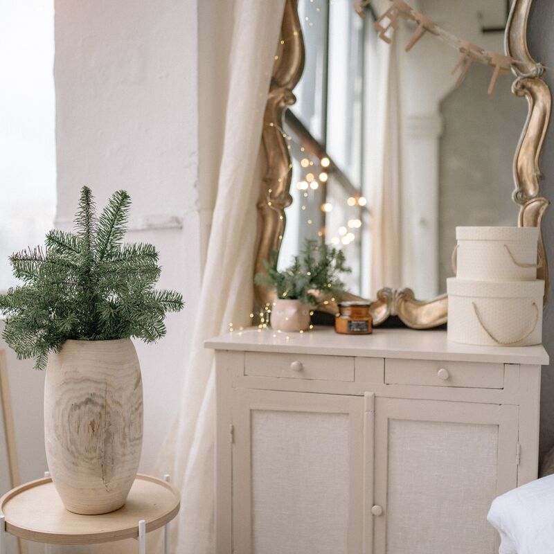 Potted greenery arranged in a bright bedroom corner